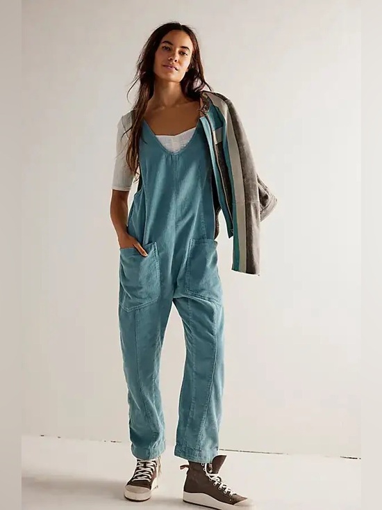 We The Free Pants - We The Free High Roller Cord Jumpsuit Blue Tourmaline - Size M